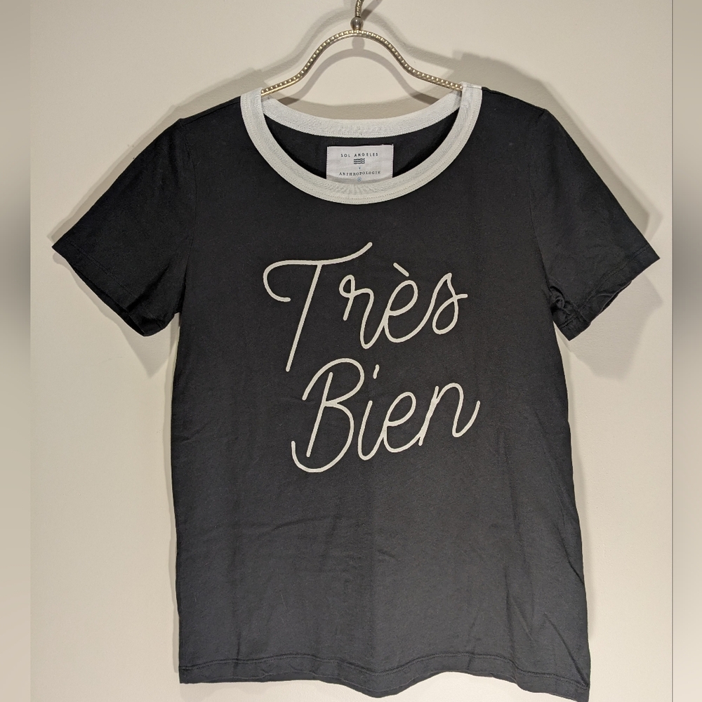 Sol Angeles Anthropologie Charcoal Grey Tres Bien Graphic T-shirt Women's XS